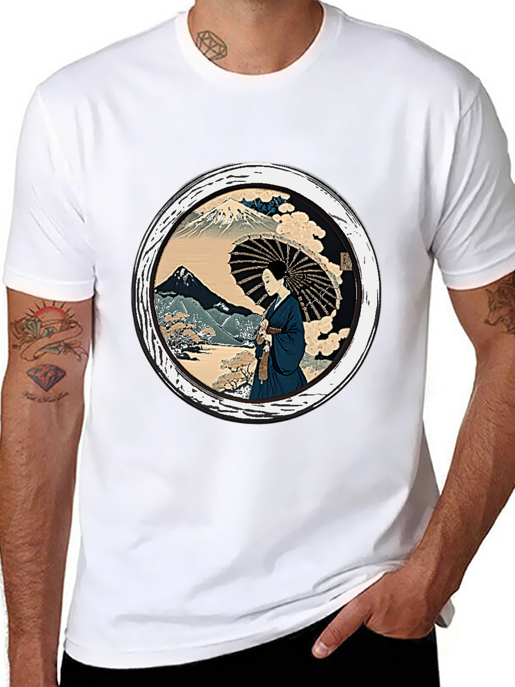 Japanese Art T-Shirt - Geisha & Mount Fuji Design