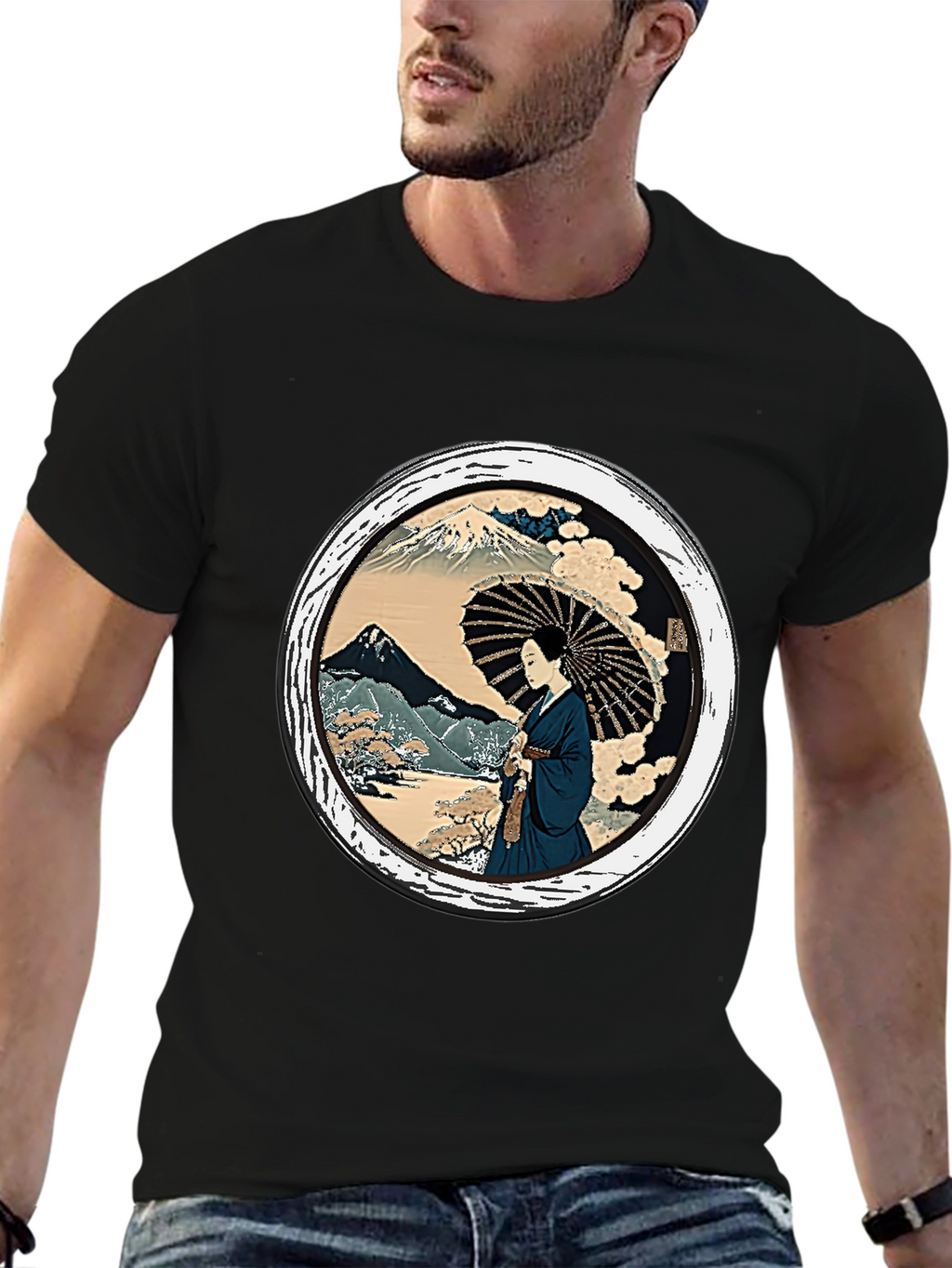 Japanese Art T-Shirt - Geisha & Mount Fuji Design