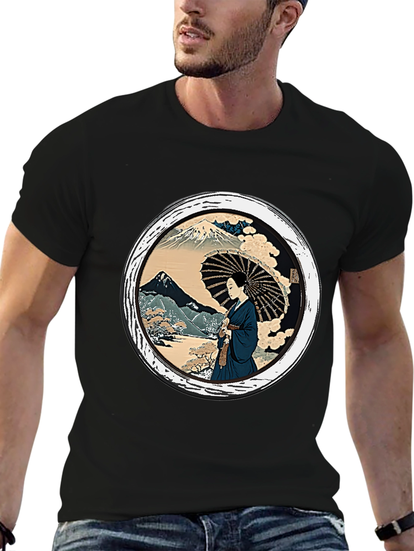 Japanese Art T-Shirt - Geisha & Mount Fuji Design