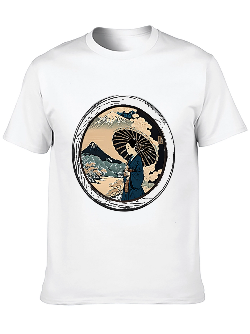 Japanese Art T-Shirt - Geisha & Mount Fuji Design