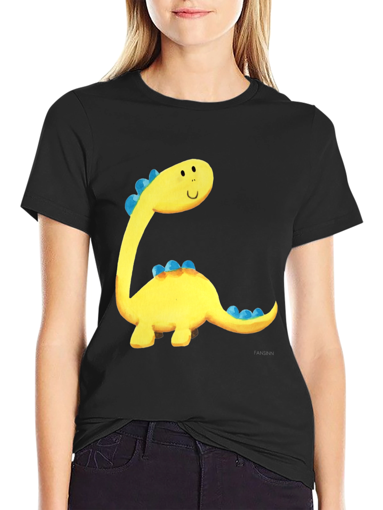 Cute Dinosaur Graphic Tee - Black Cotton T-Shirt