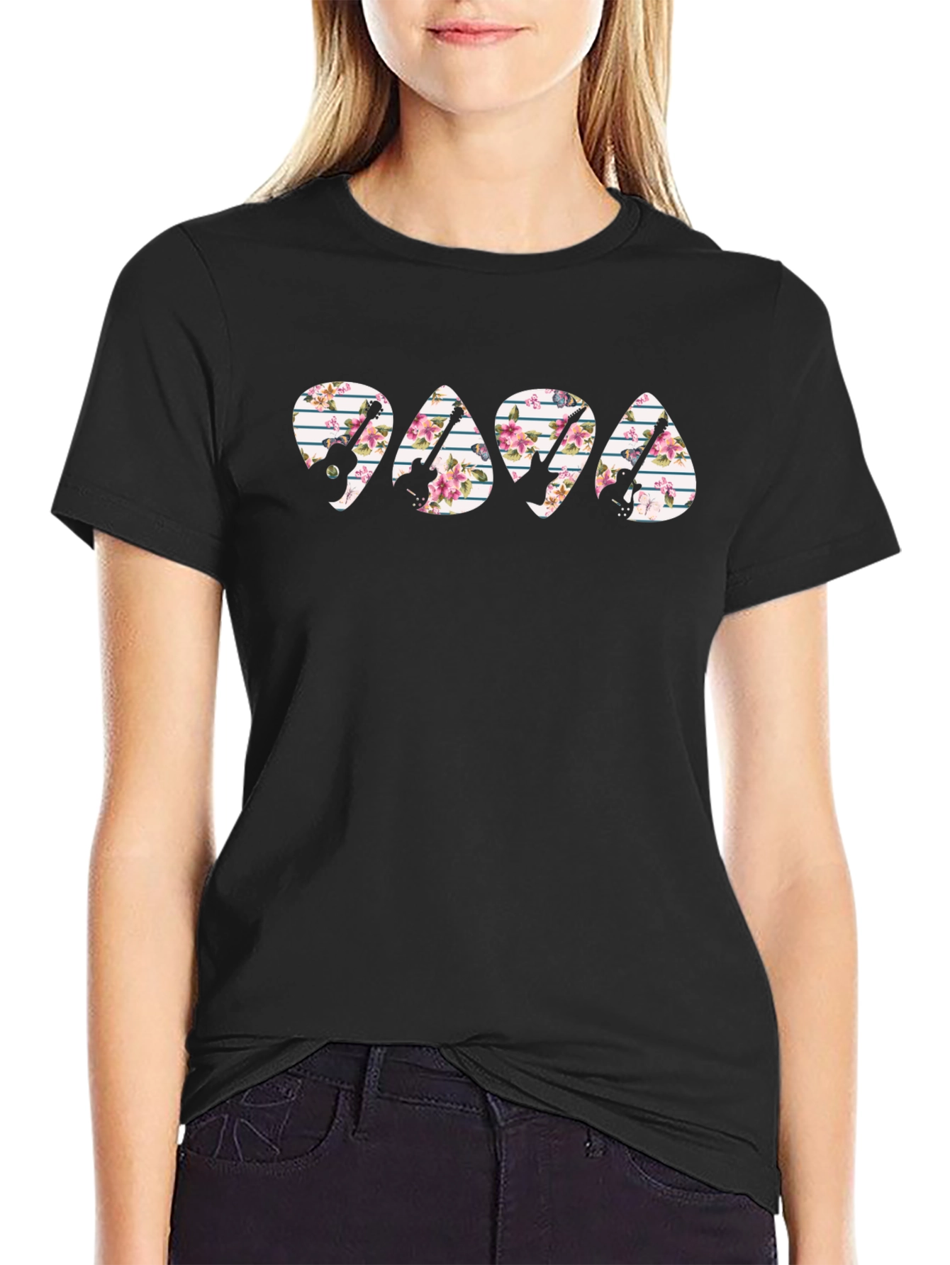 Floral Guitar Pick T-Shirt - Papa Rocker