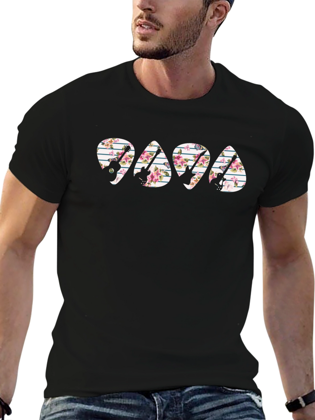 Floral Guitar Pick T-Shirt - Papa Rocker