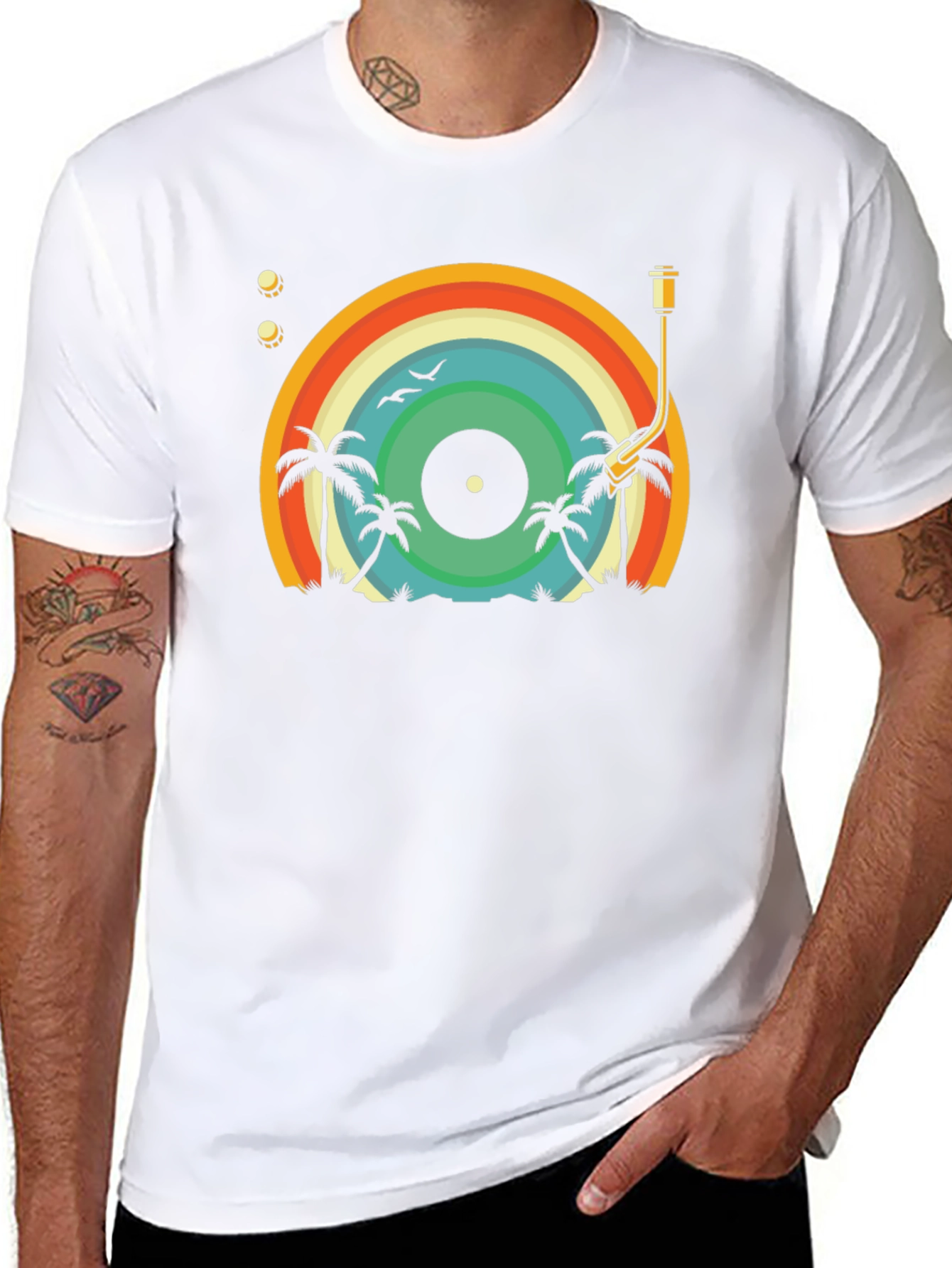Retro Vinyl Record Palm Tree Graphic T-Shirt
