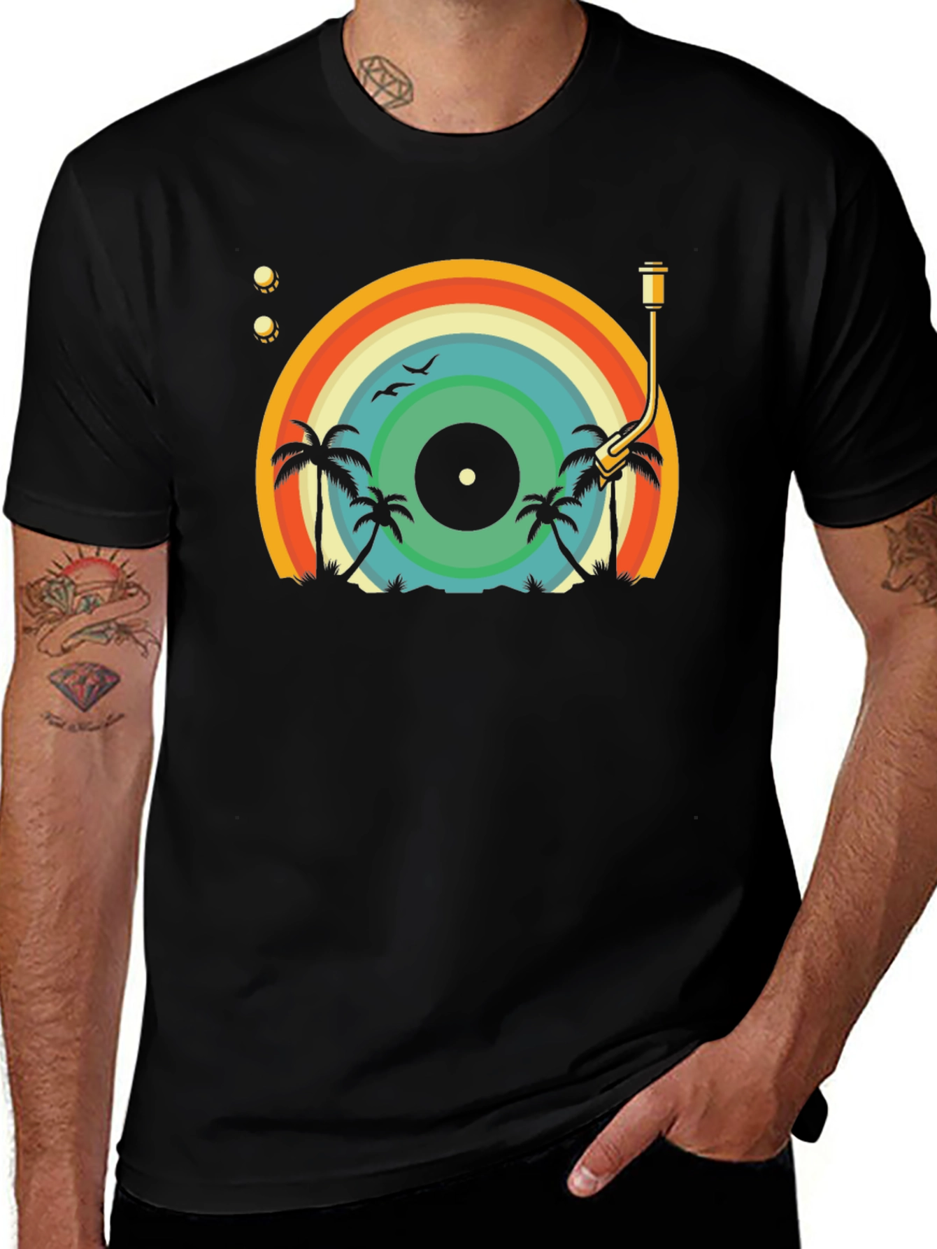 Retro Vinyl Record Palm Tree Graphic T-Shirt