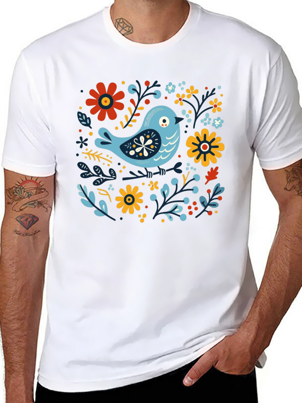 Floral Bird Graphic Tee - Stylish Black T-Shirt