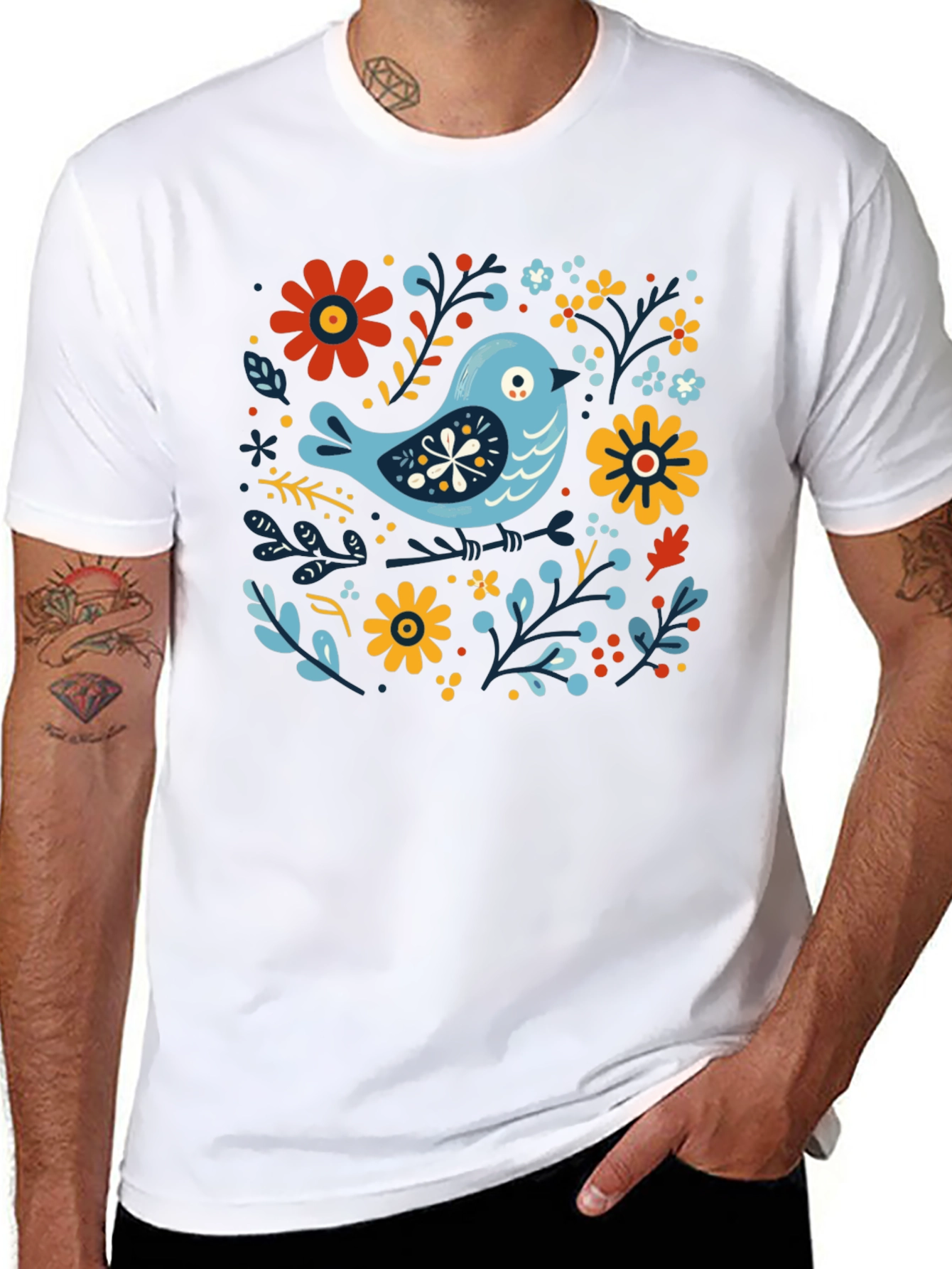 Floral Bird Graphic Tee - Stylish Black T-Shirt