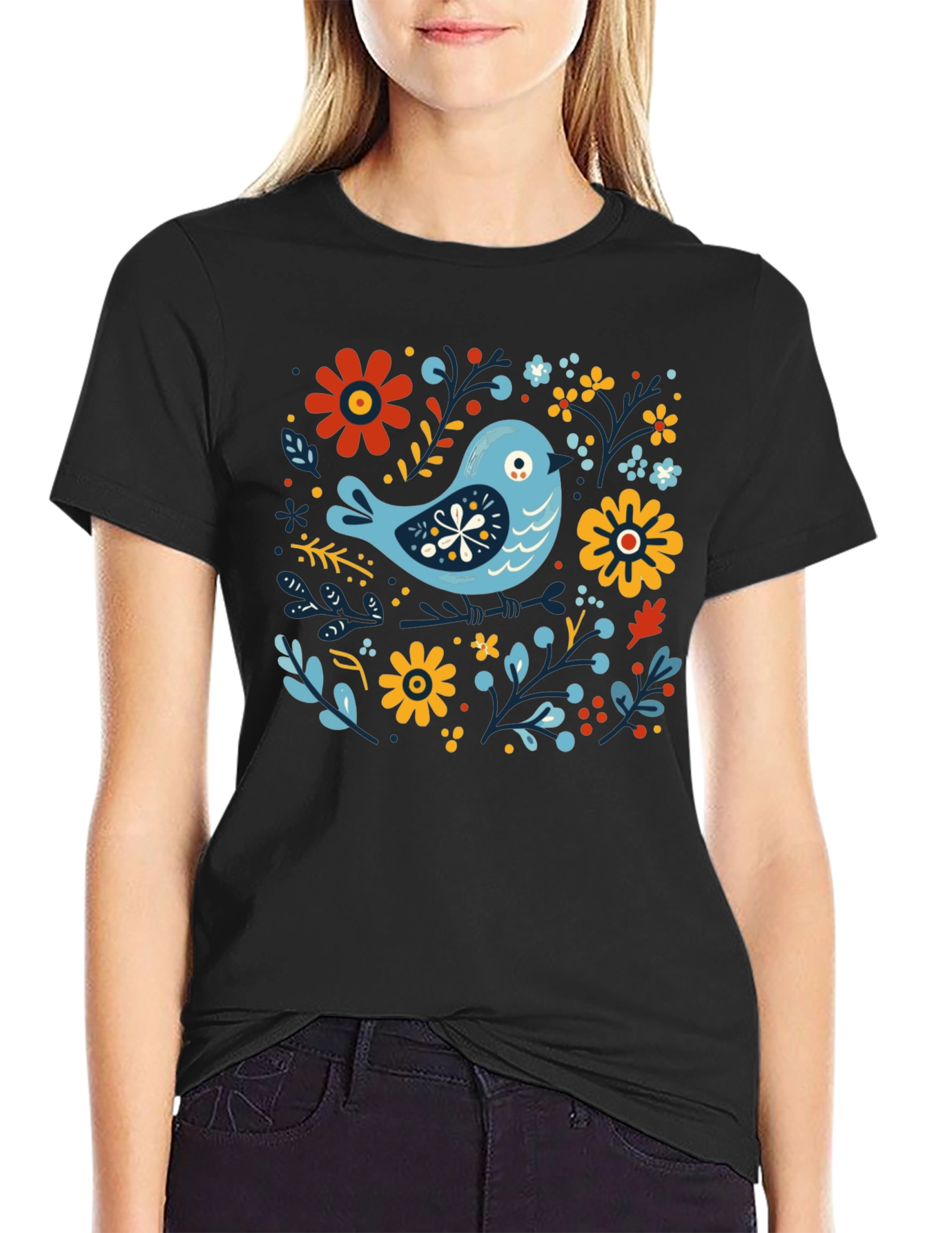 Floral Bird Graphic Tee - Stylish Black T-Shirt