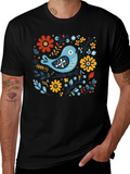 Floral Bird Graphic Tee - Stylish Black T-Shirt