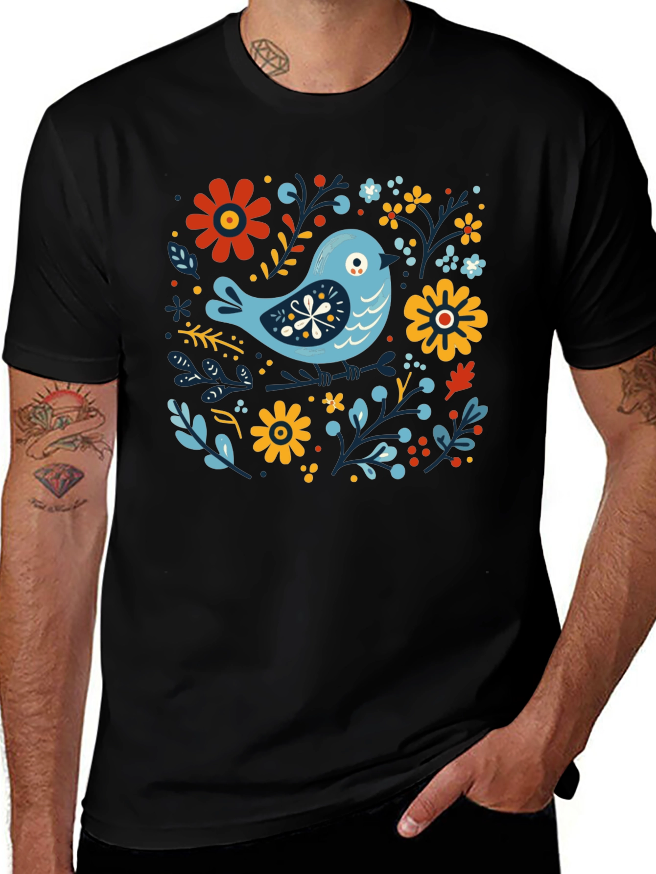 Floral Bird Graphic Tee - Stylish Black T-Shirt