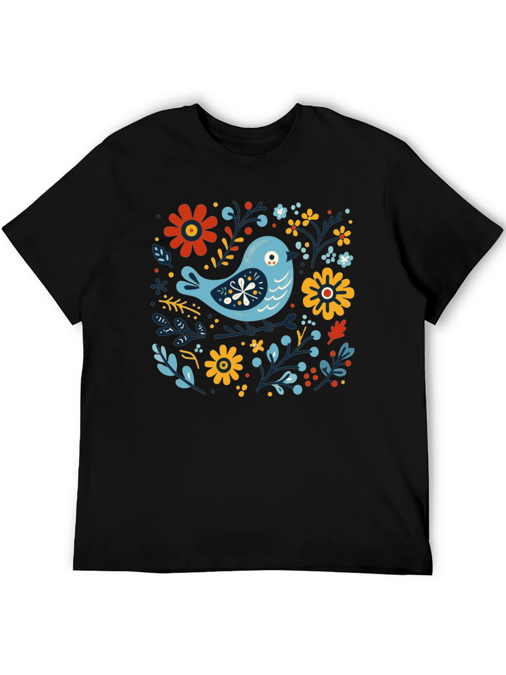 Floral Bird Graphic Tee - Stylish Black T-Shirt