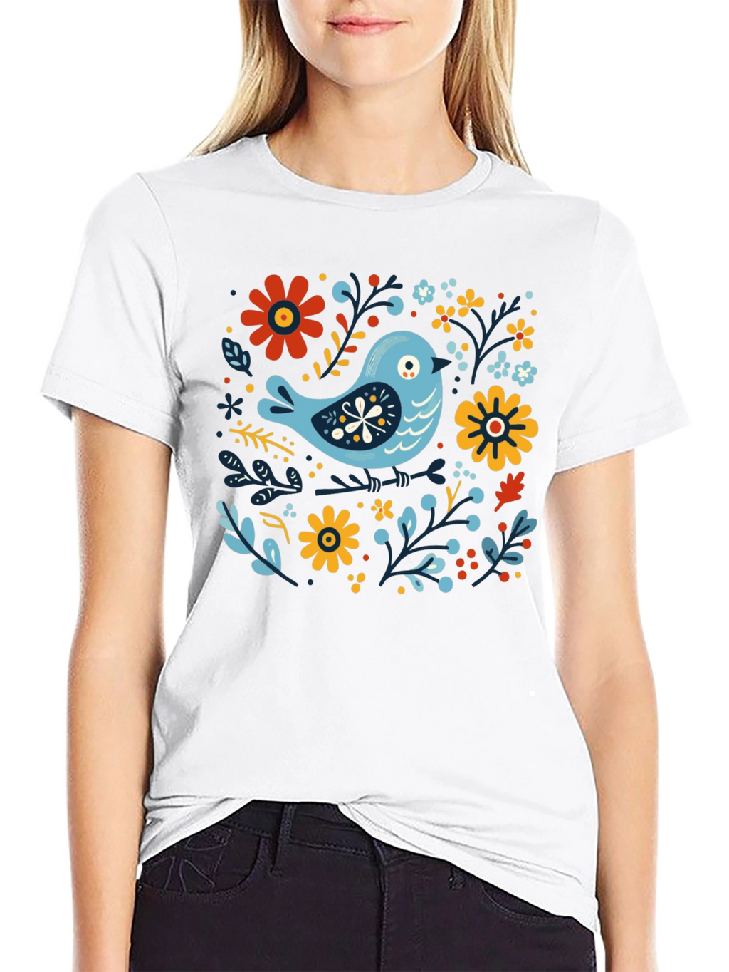 Floral Bird Graphic Tee - Stylish Black T-Shirt