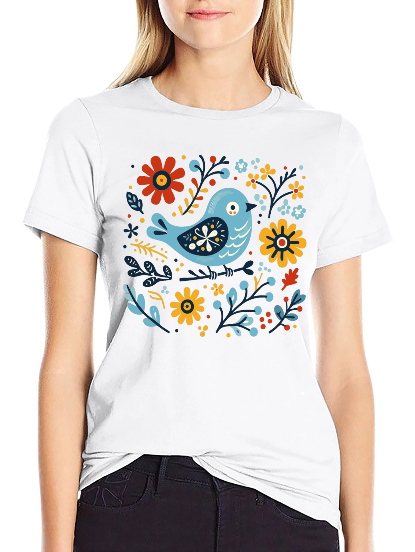 Floral Bird Graphic Tee - Stylish Black T-Shirt