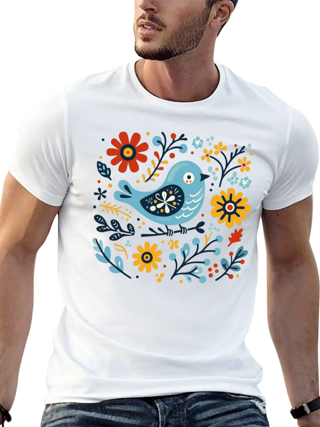 Floral Bird Graphic Tee - Stylish Black T-Shirt