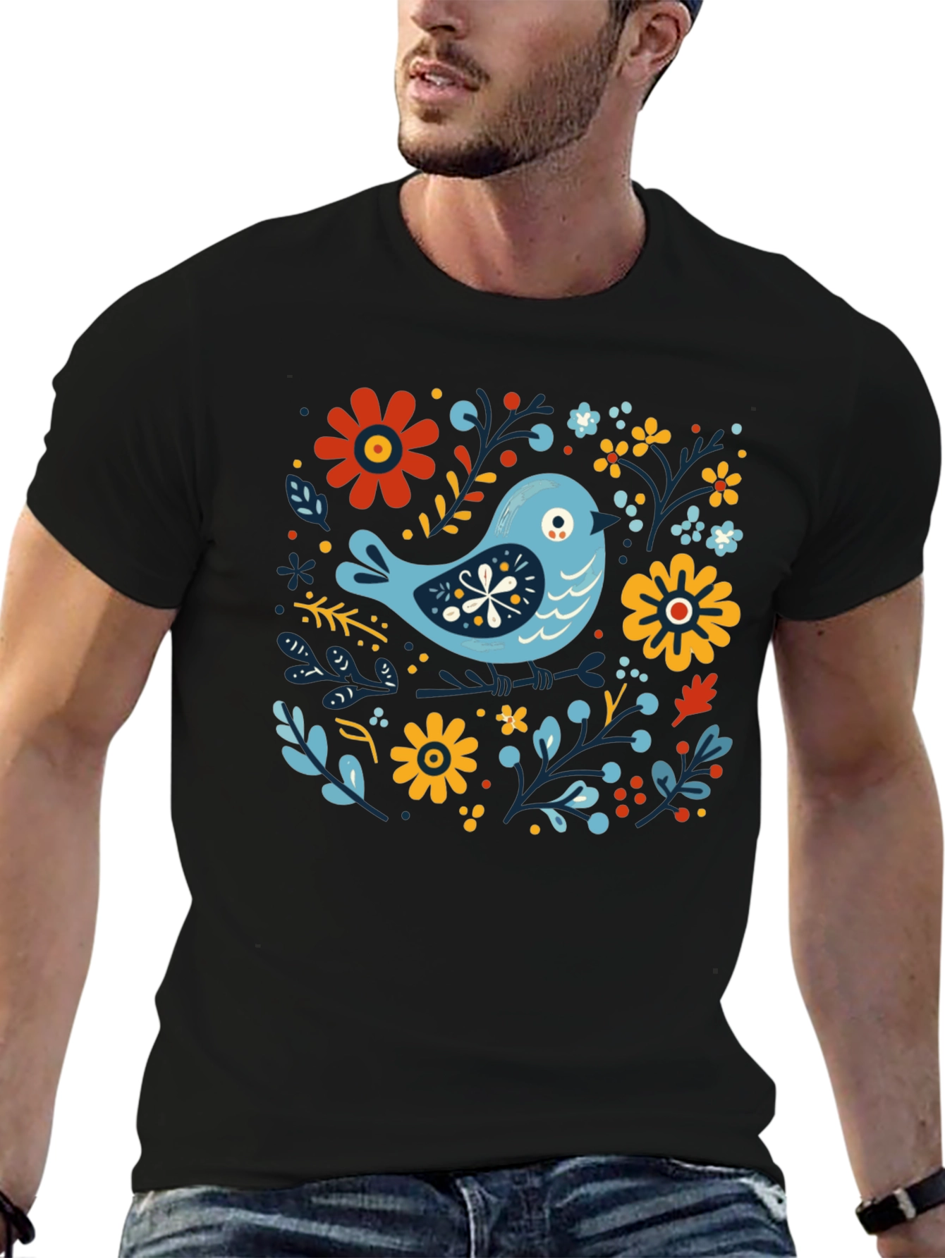 Floral Bird Graphic Tee - Stylish Black T-Shirt