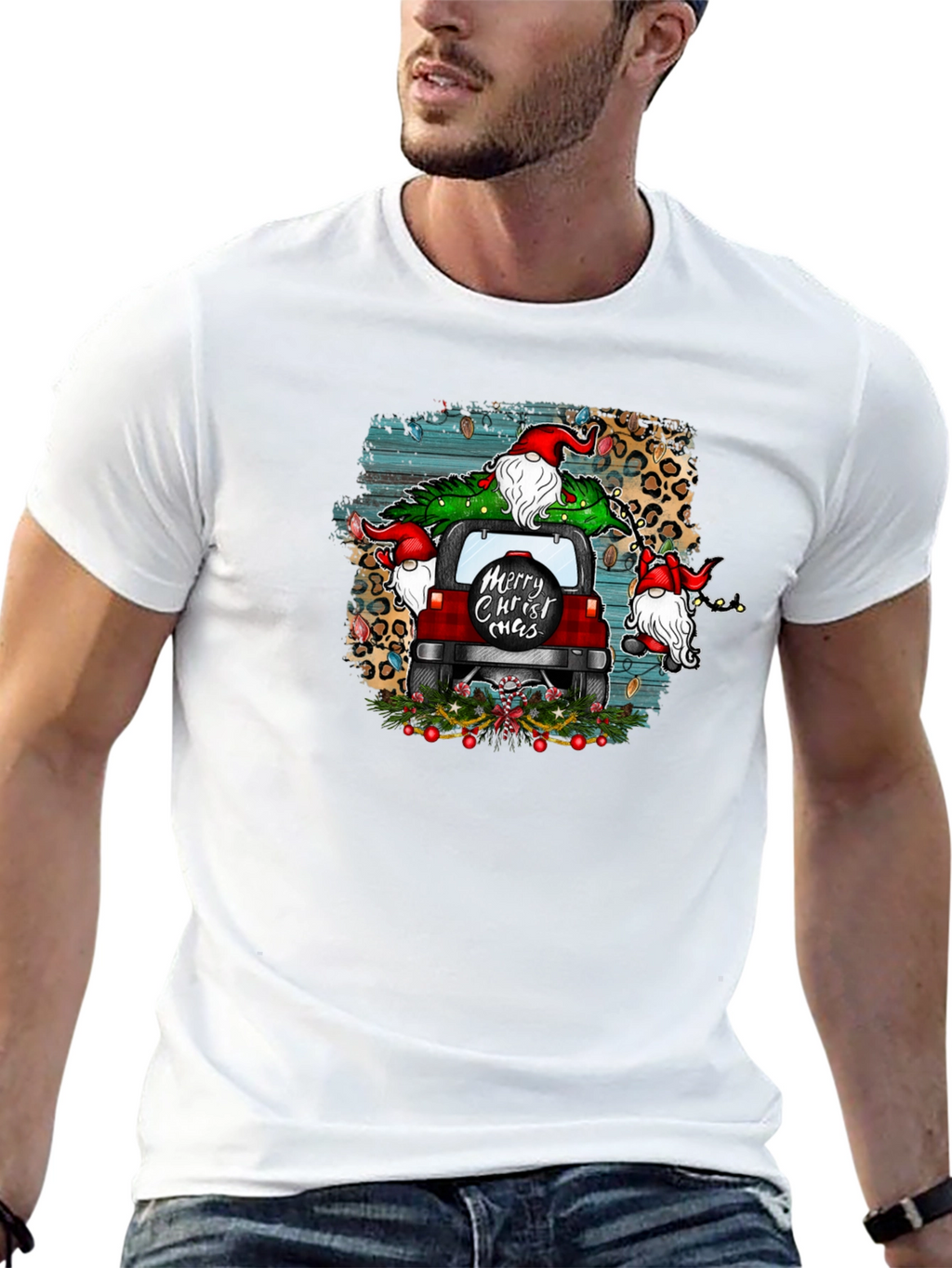 Merry Christ-mas Tee Gnome Red Car Christmas Tree