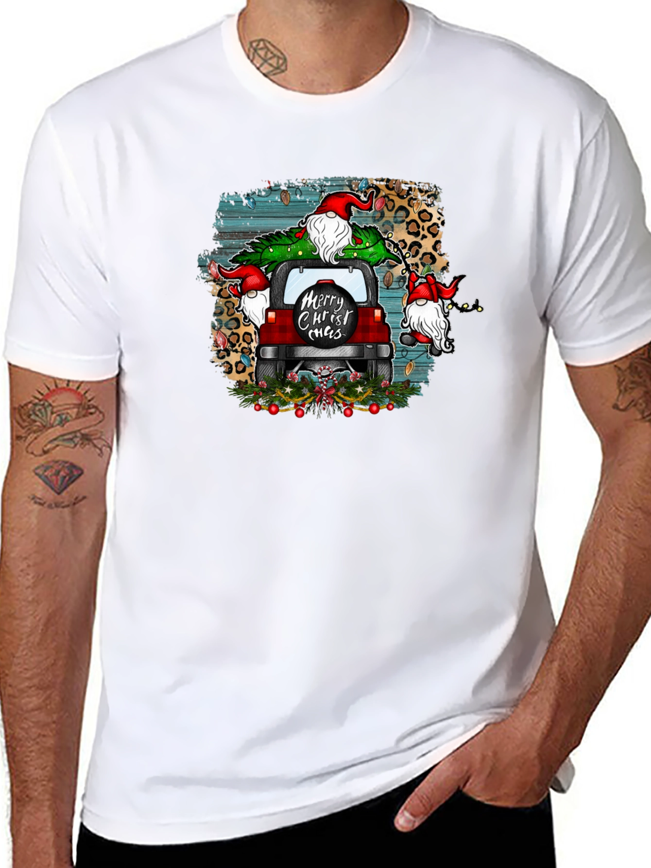 Merry Christ-mas Tee Gnome Red Car Christmas Tree
