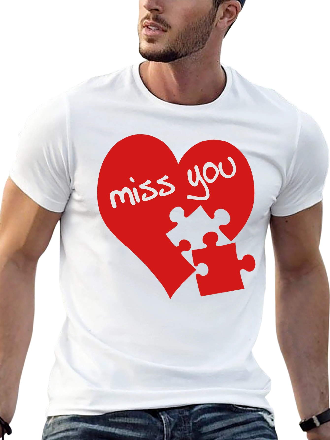 Miss You Heart Puzzle Piece Graphic Black T-Shirt