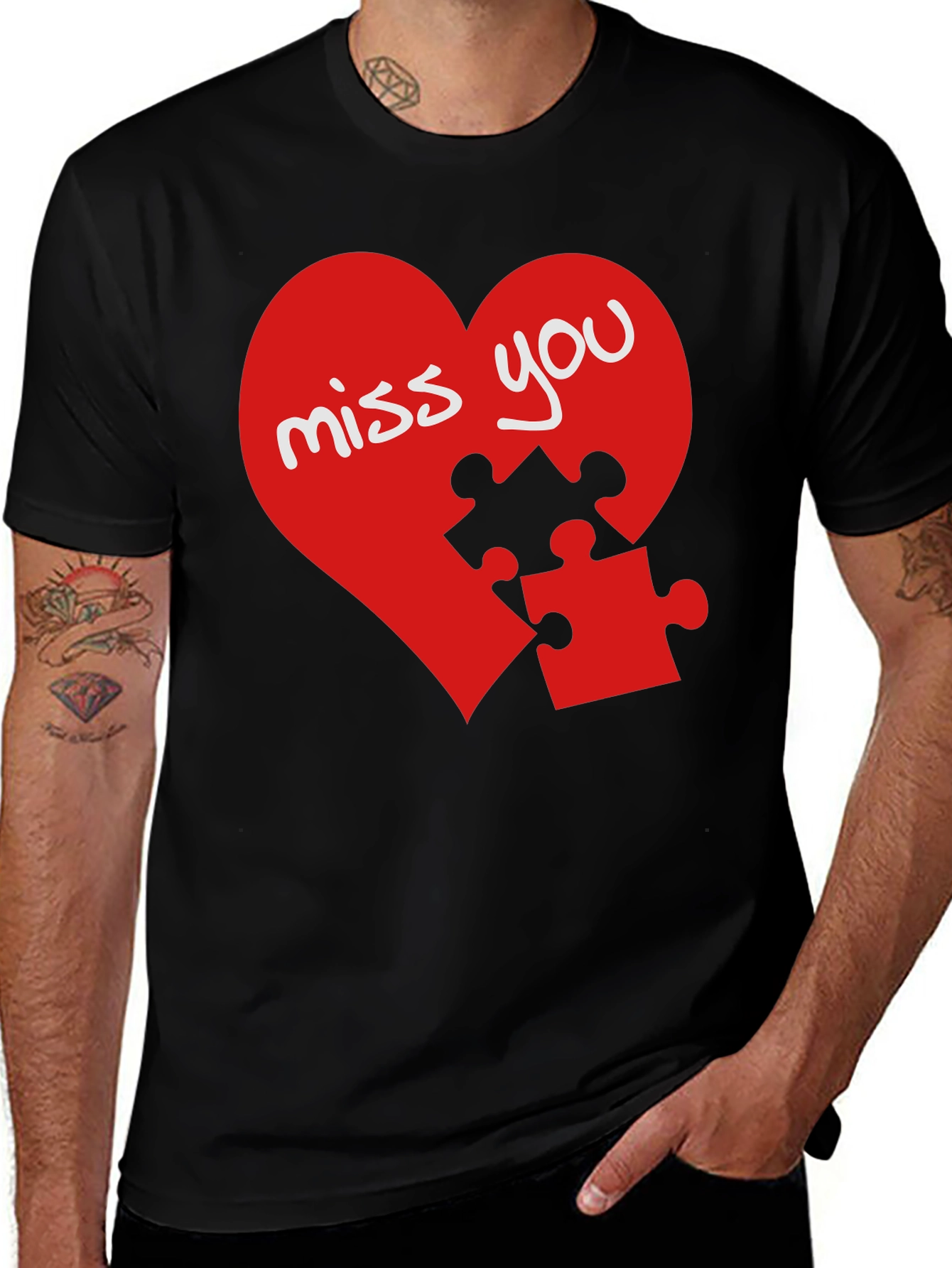 Miss You Heart Puzzle Piece Graphic Black T-Shirt