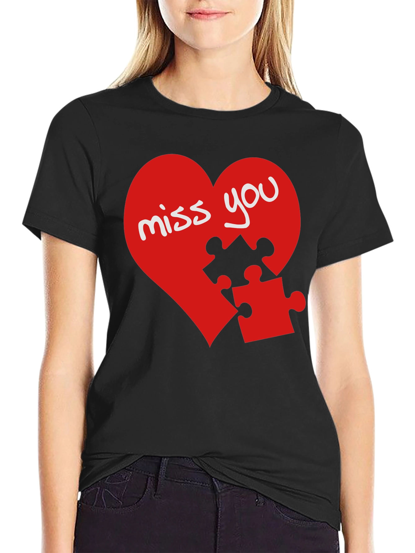 Miss You Heart Puzzle Piece Graphic Black T-Shirt