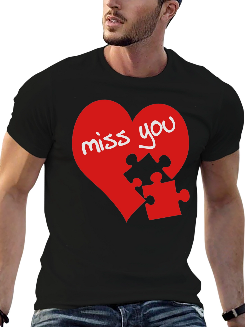 Miss You Heart Puzzle Piece Graphic Black T-Shirt