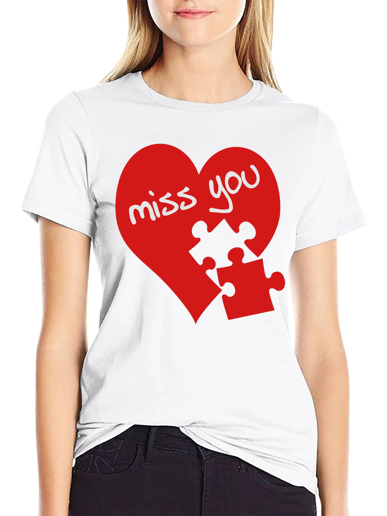 Miss You Heart Puzzle Piece Graphic Black T-Shirt