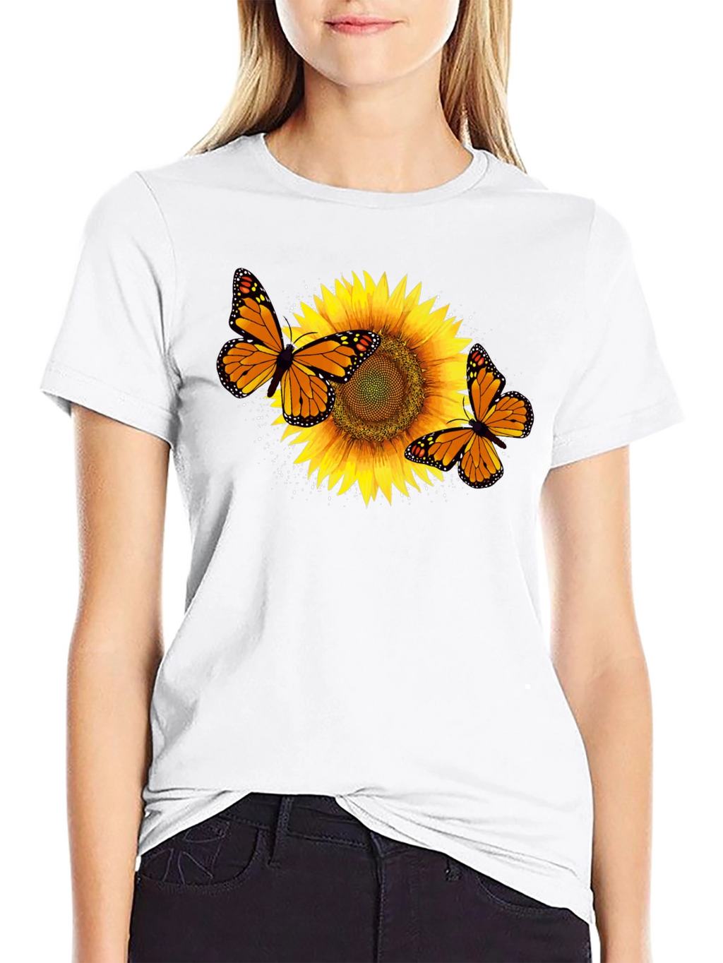 Sunflower & Butterfly Graphic Black T-Shirt
