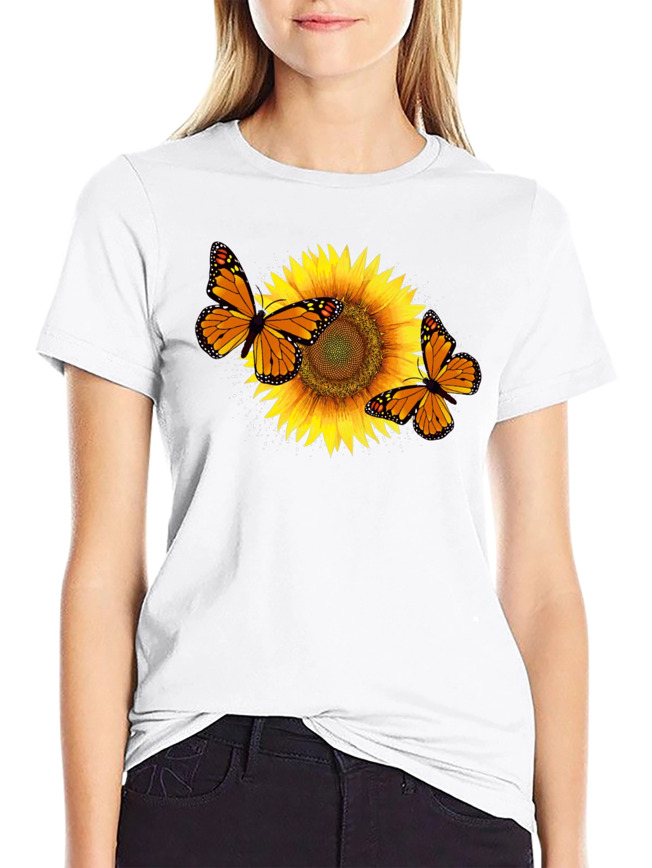Sunflower & Butterfly Graphic Black T-Shirt