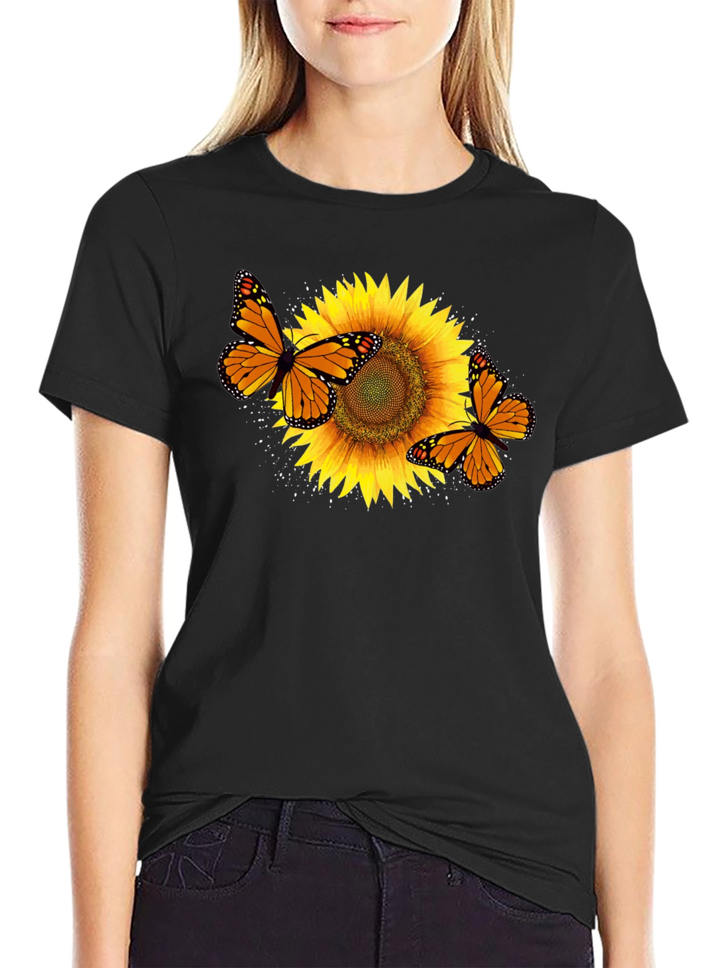 Sunflower & Butterfly Graphic Black T-Shirt