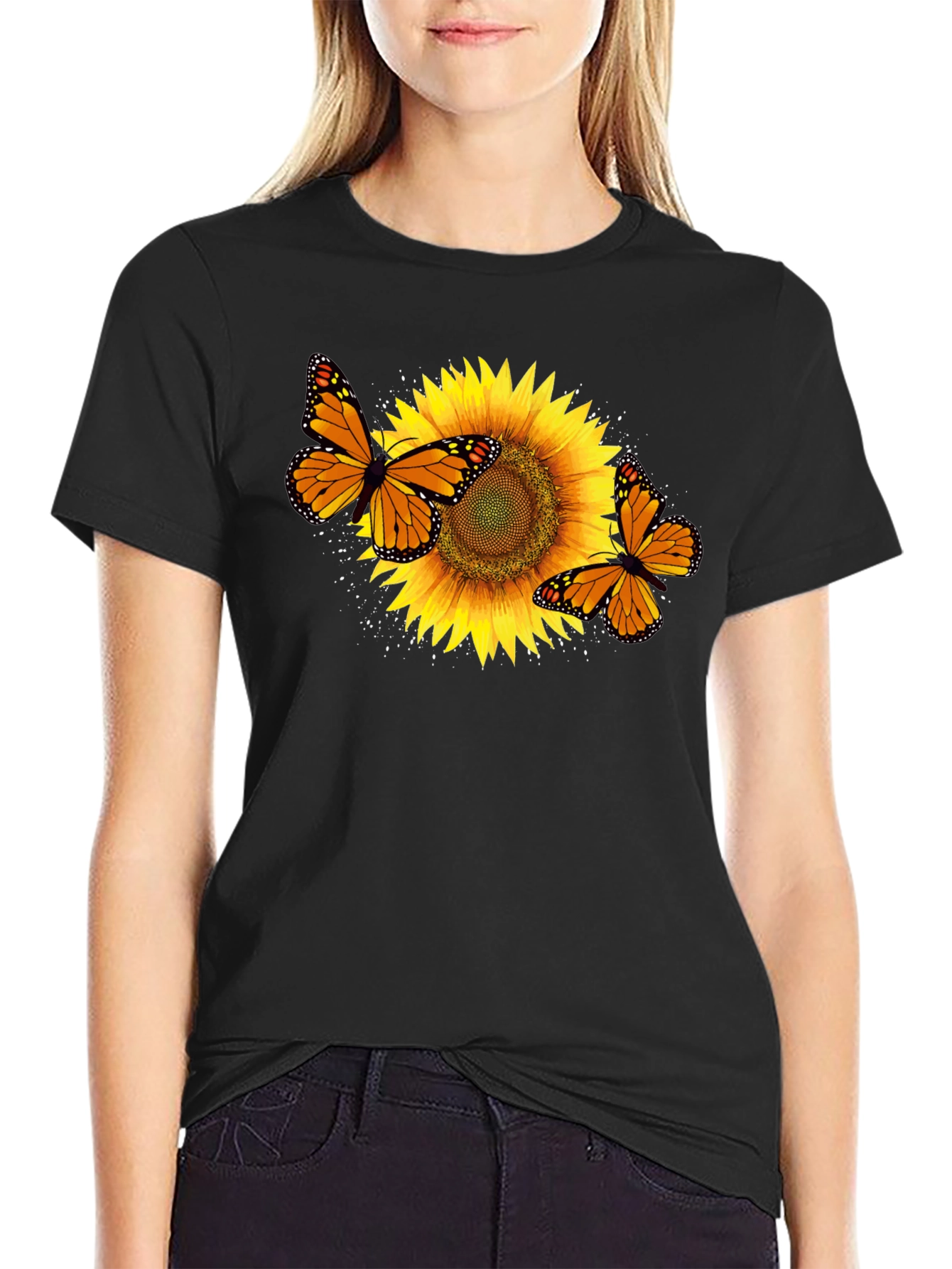 Sunflower & Butterfly Graphic Black T-Shirt