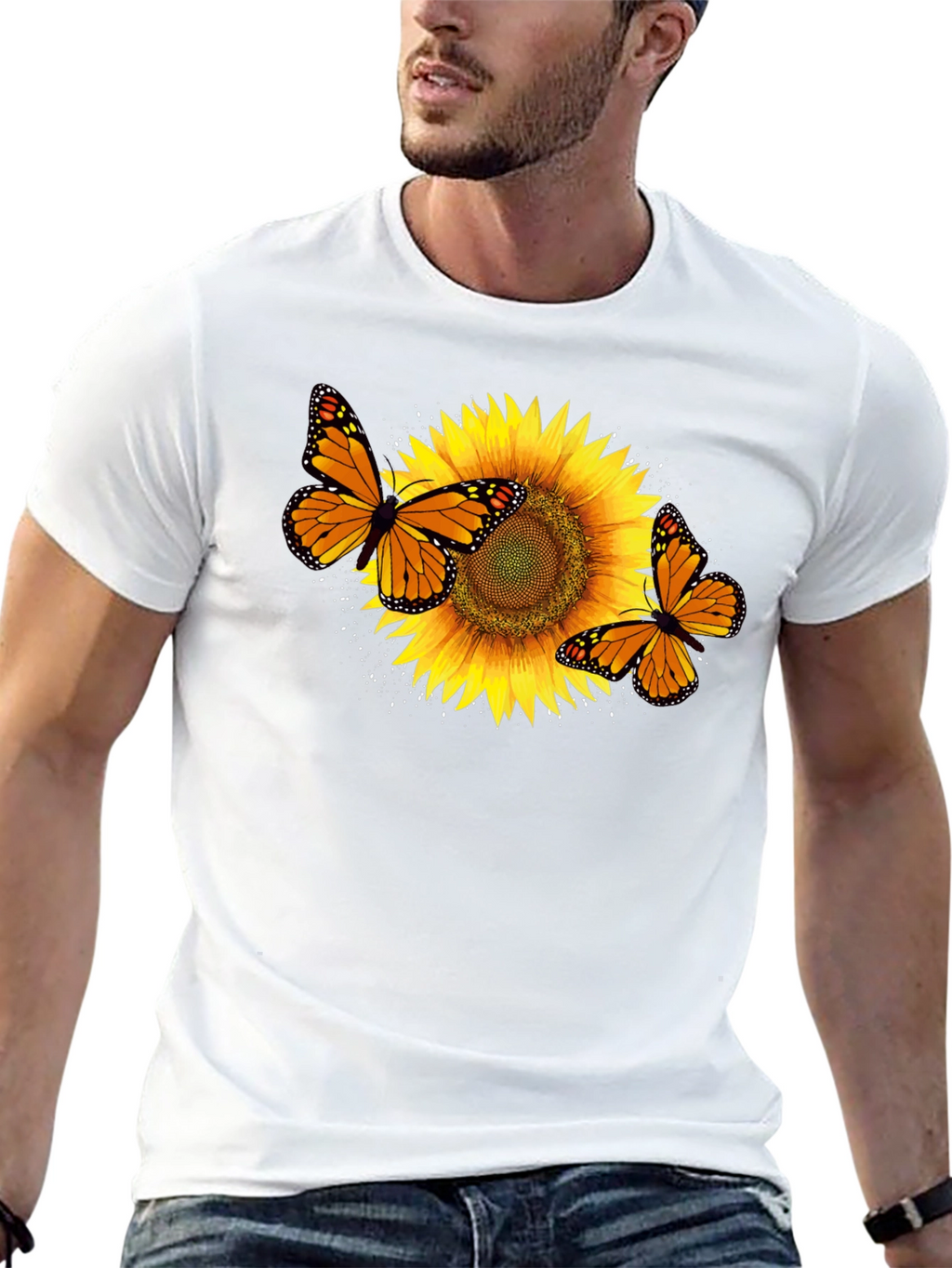 Sunflower & Butterfly Graphic Black T-Shirt