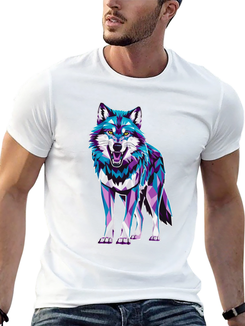 Geometric Wolf Graphic Print Tee - Cool Animal Design