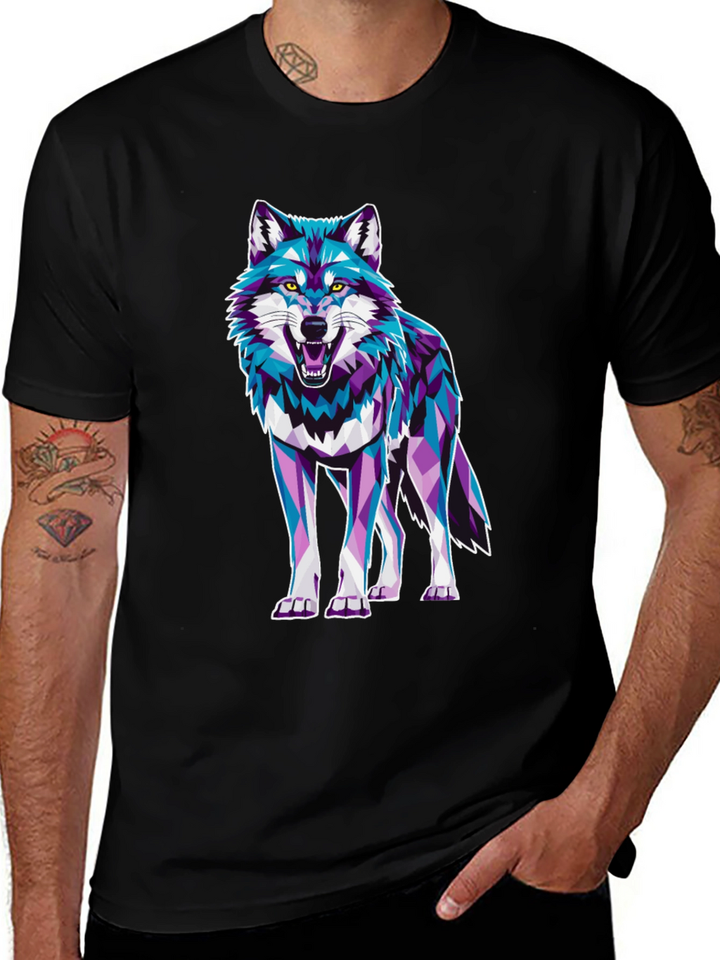 Geometric Wolf Graphic Print Tee - Cool Animal Design