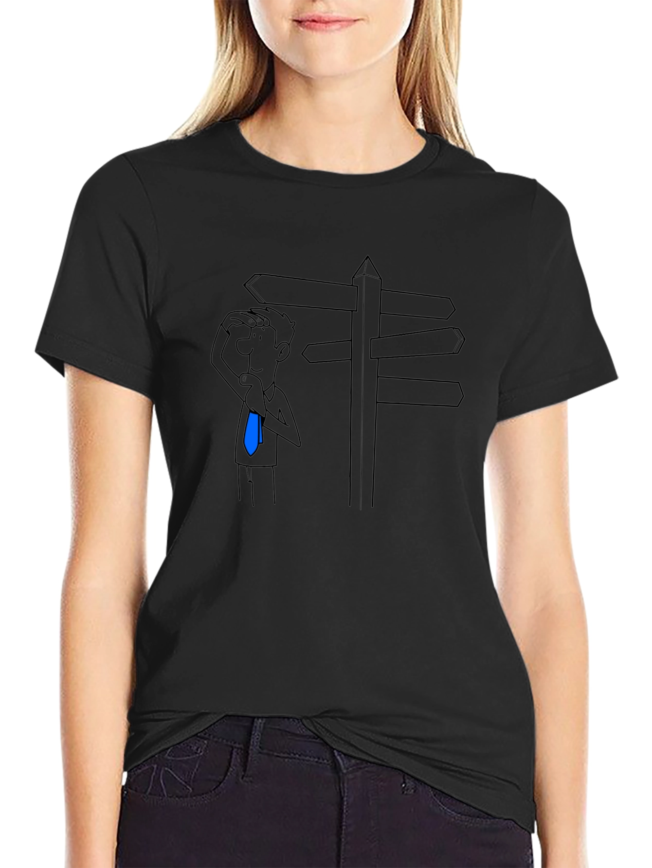 Directionless Cartoon Man Black T-Shirt