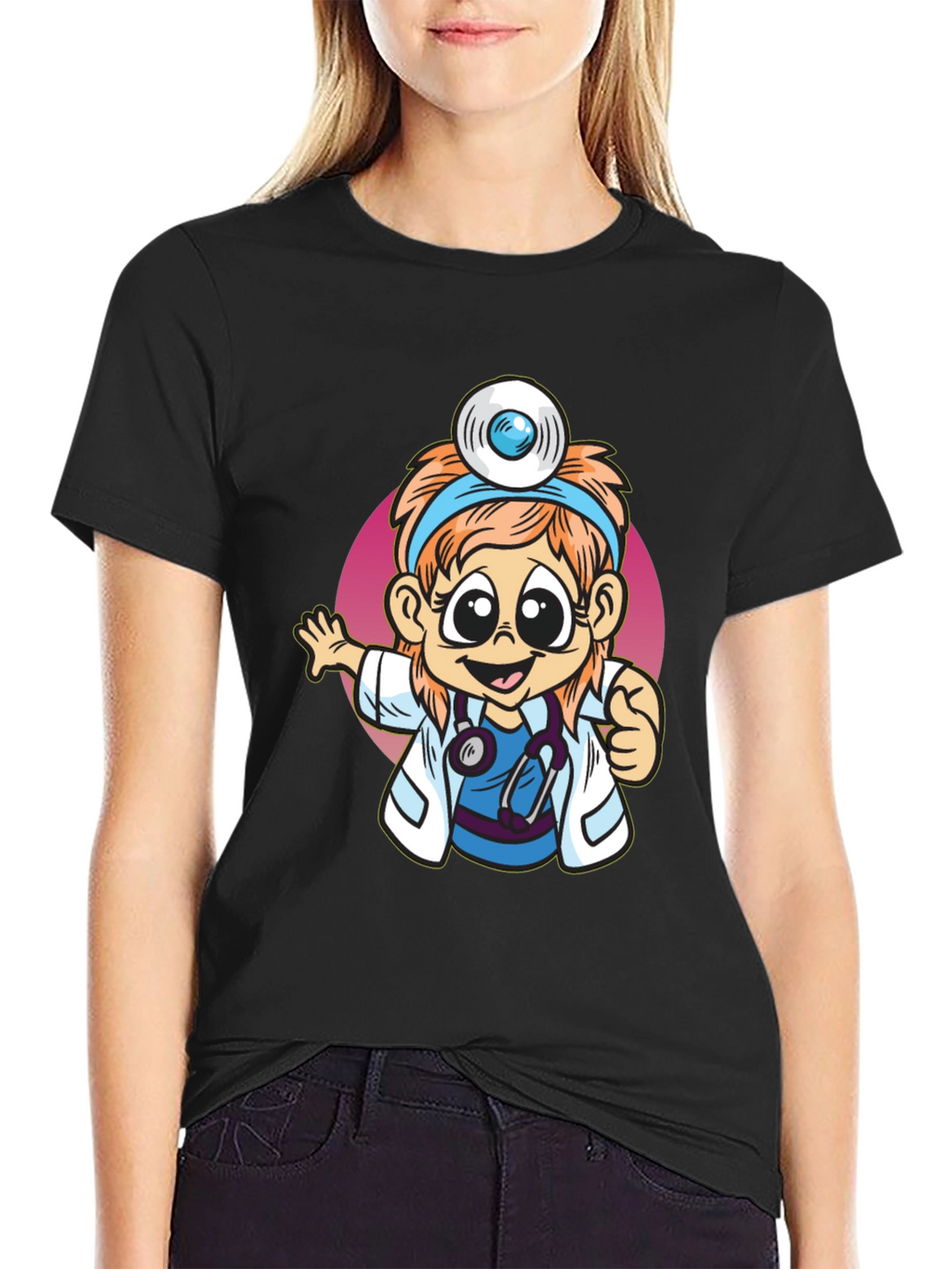 Cartoon Doctor Graphic Tee - Black T-Shirt