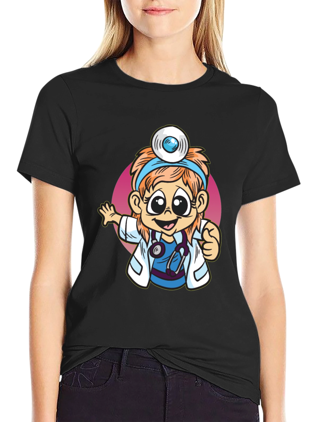 Cartoon Doctor Graphic Tee - Black T-Shirt
