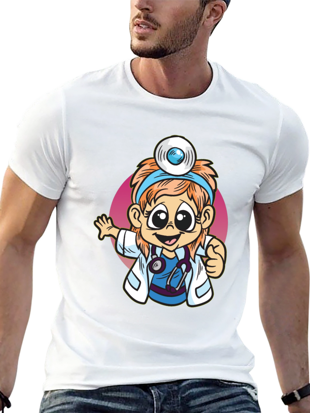Cartoon Doctor Graphic Tee - Black T-Shirt