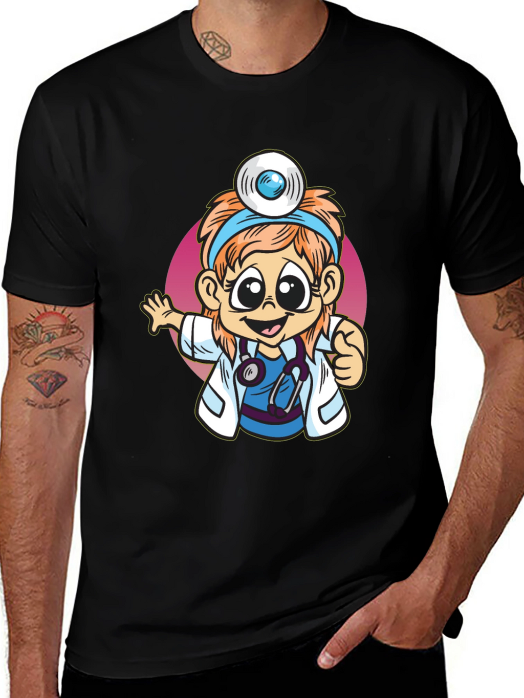 Cartoon Doctor Graphic Tee - Black T-Shirt
