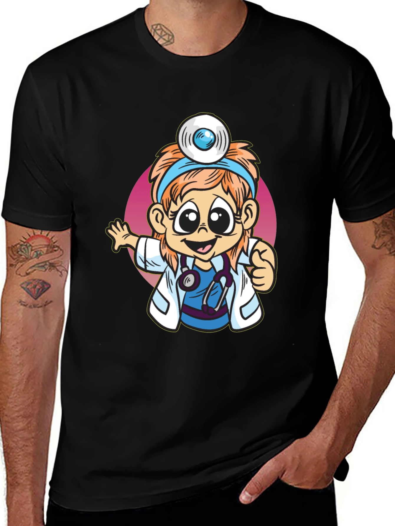 Cartoon Doctor Graphic Tee - Black T-Shirt