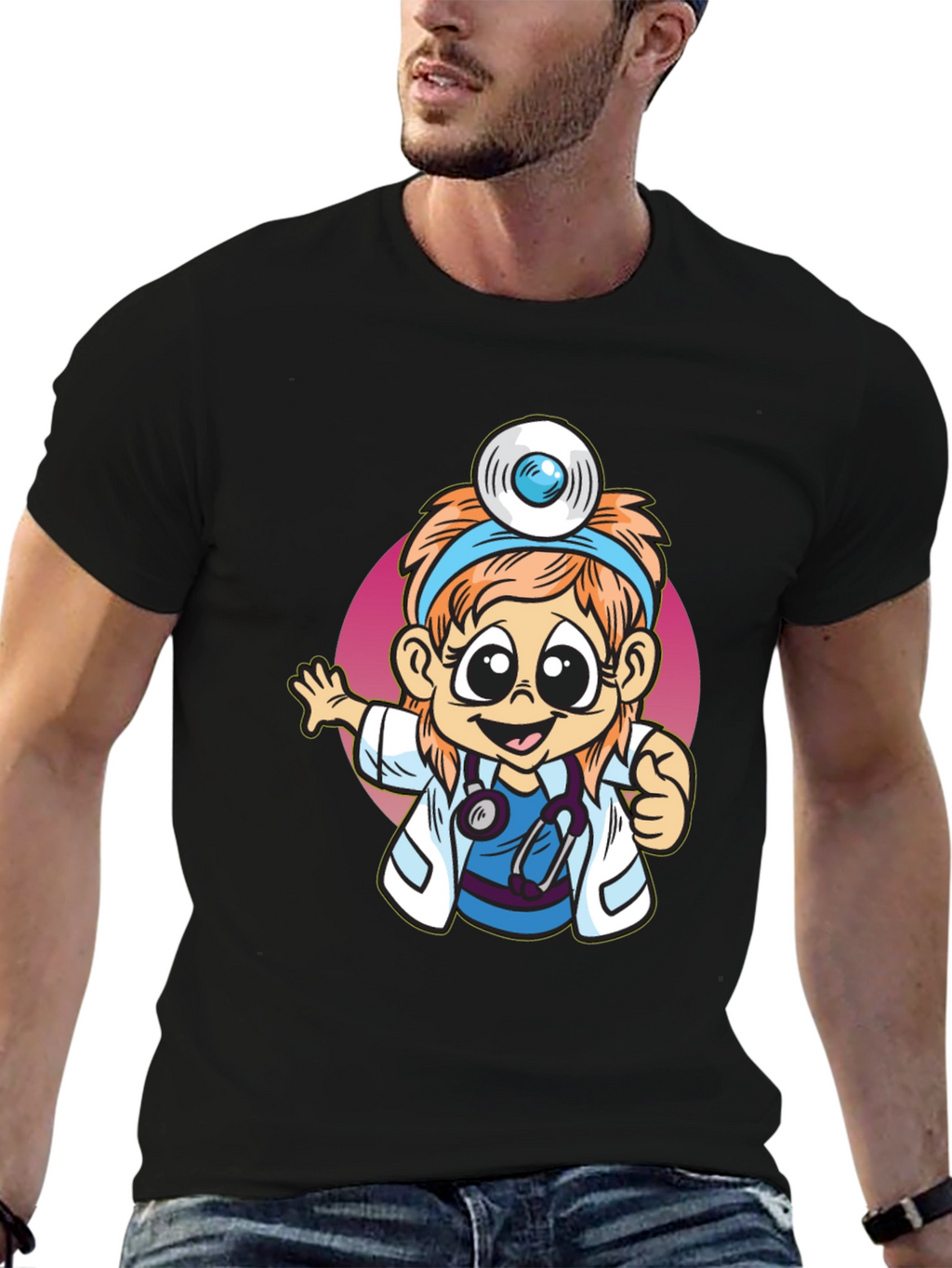 Cartoon Doctor Graphic Tee - Black T-Shirt