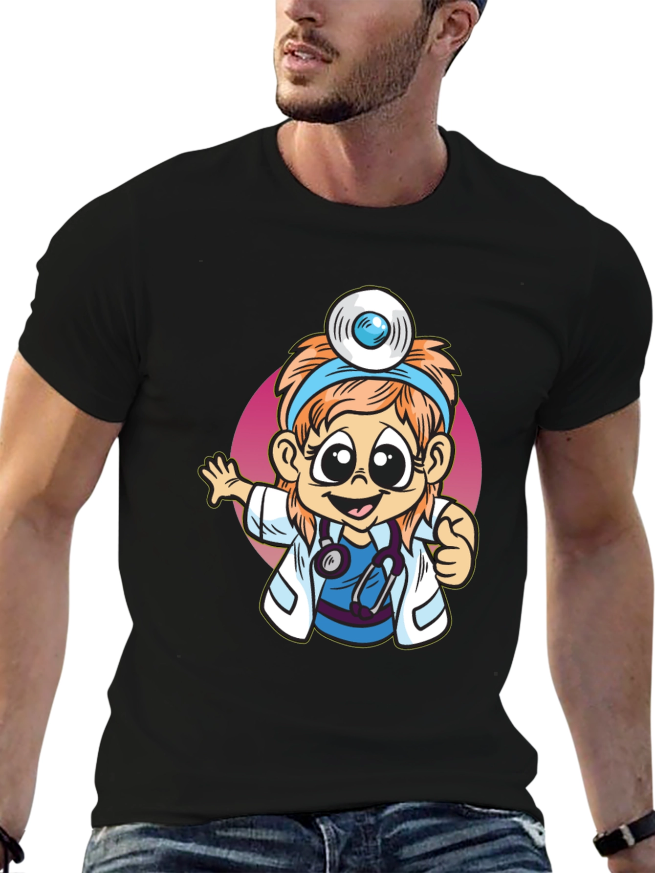 Cartoon Doctor Graphic Tee - Black T-Shirt