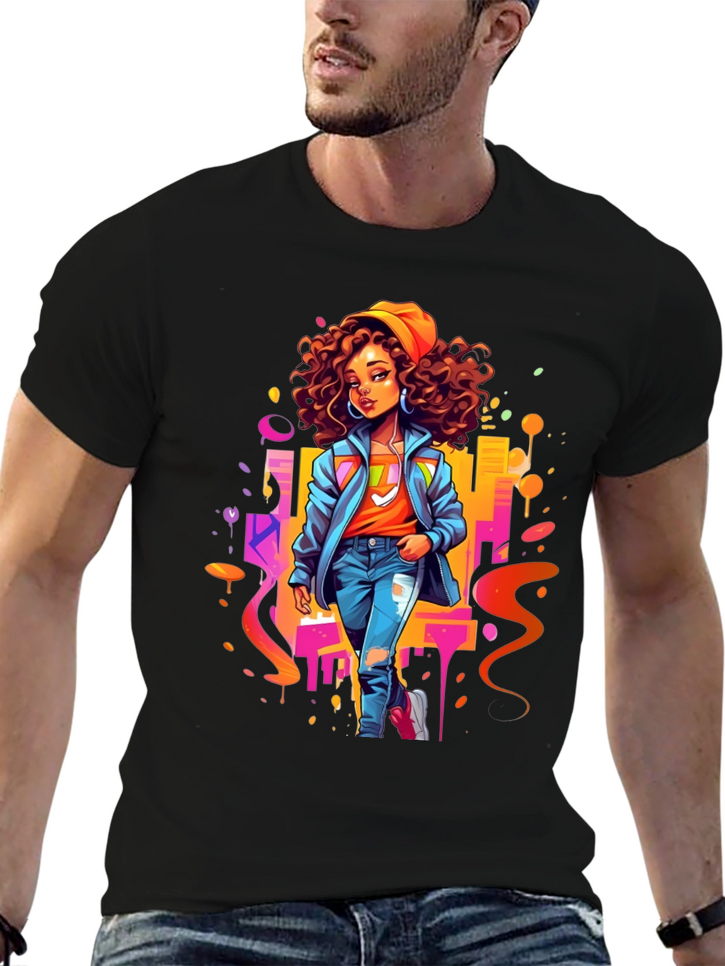 Urban Style Graphic Print Black T-Shirt