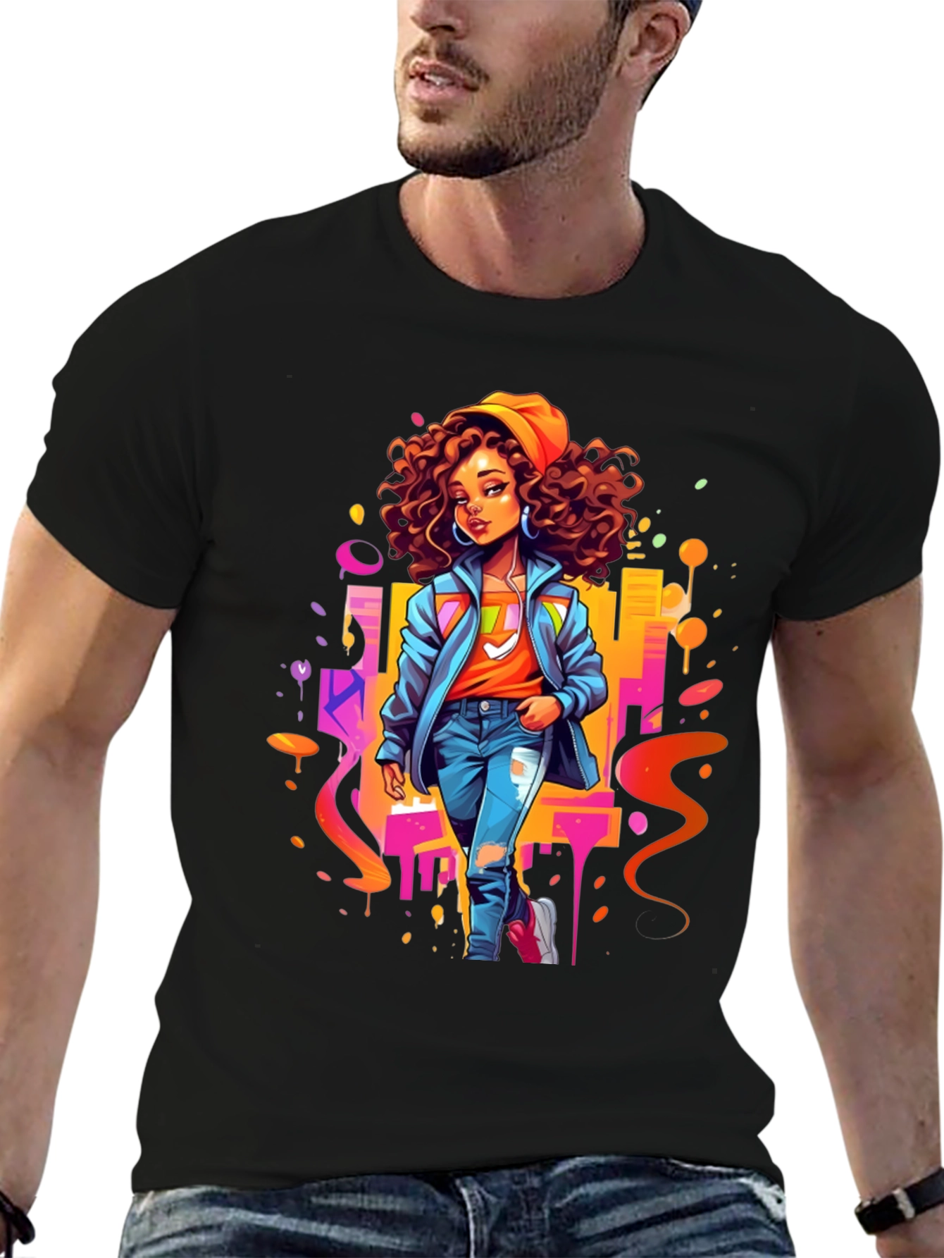 Urban Style Graphic Print Black T-Shirt