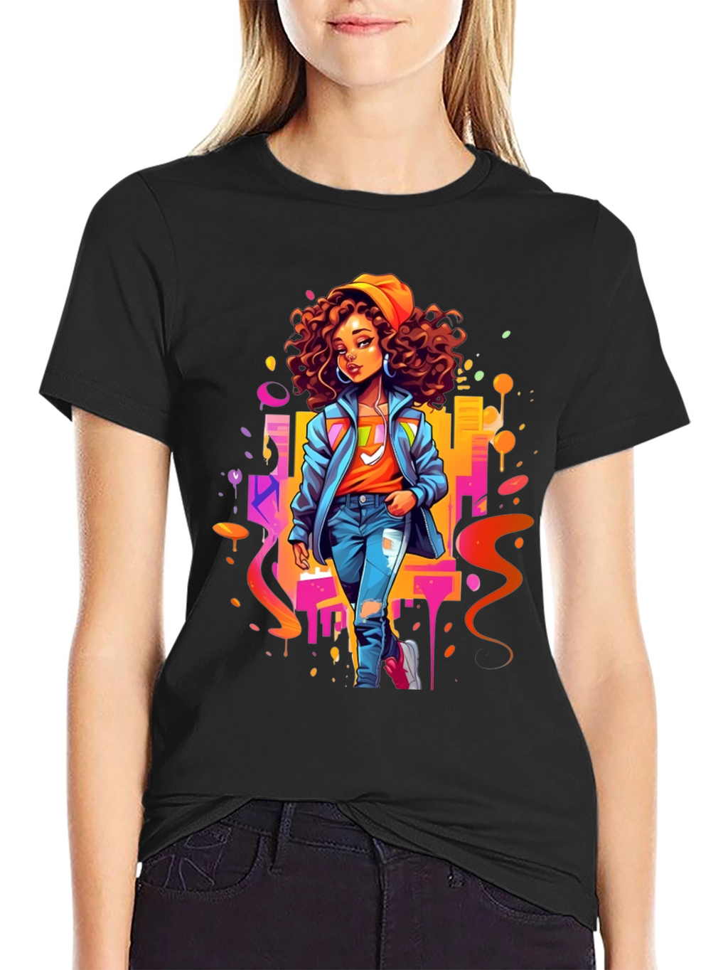 Urban Style Graphic Print Black T-Shirt