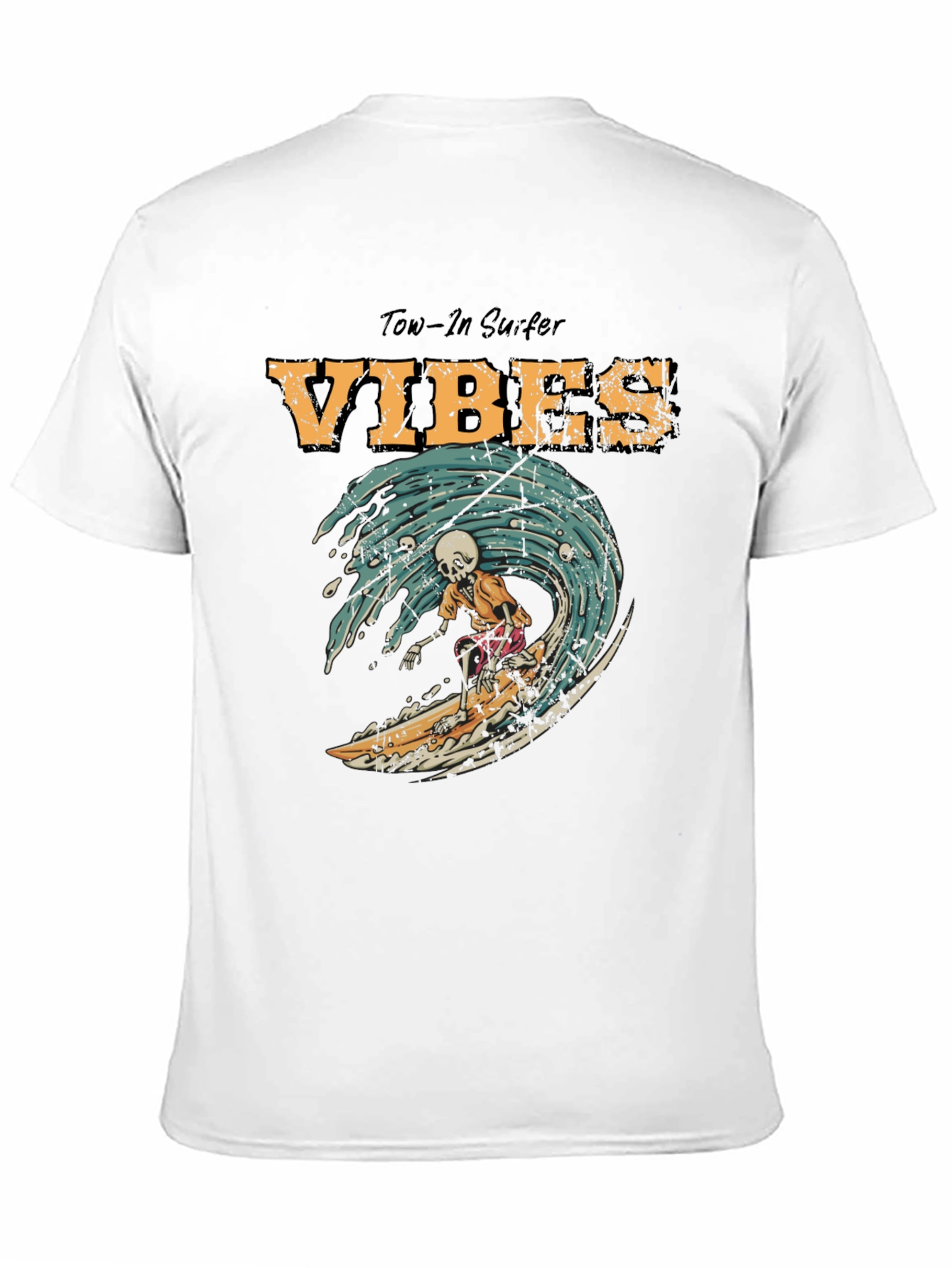 Tow-In Surfer Vibes Graphic Tee - Skeleton Surfing Wave