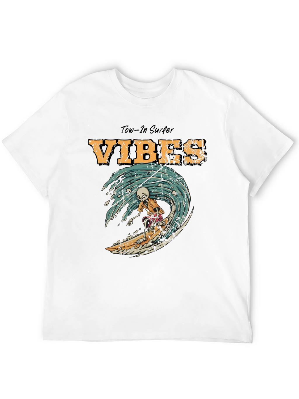 Tow-In Surfer Vibes Graphic Tee - Skeleton Surfing Wave