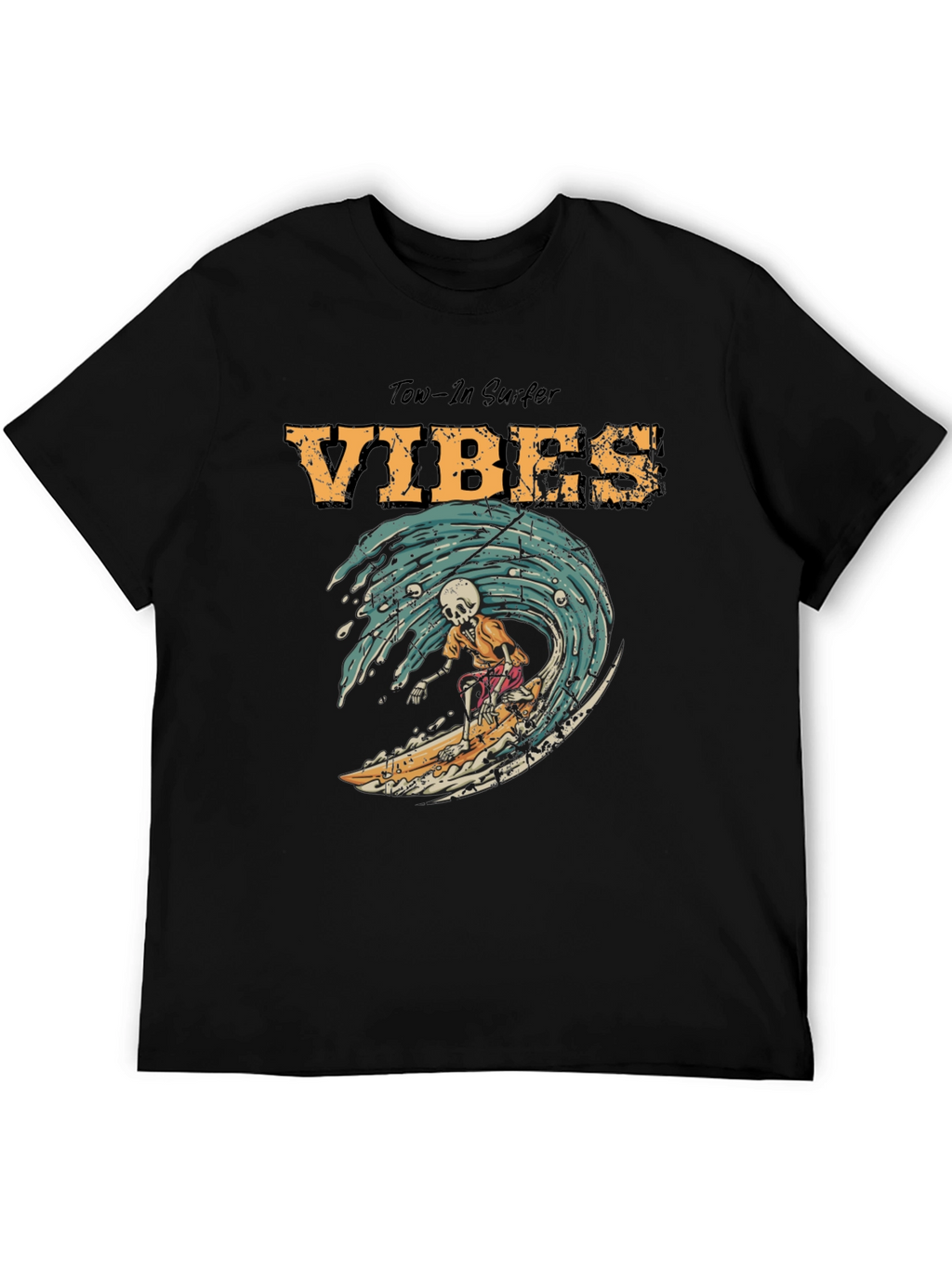 Tow-In Surfer Vibes Graphic Tee - Skeleton Surfing Wave