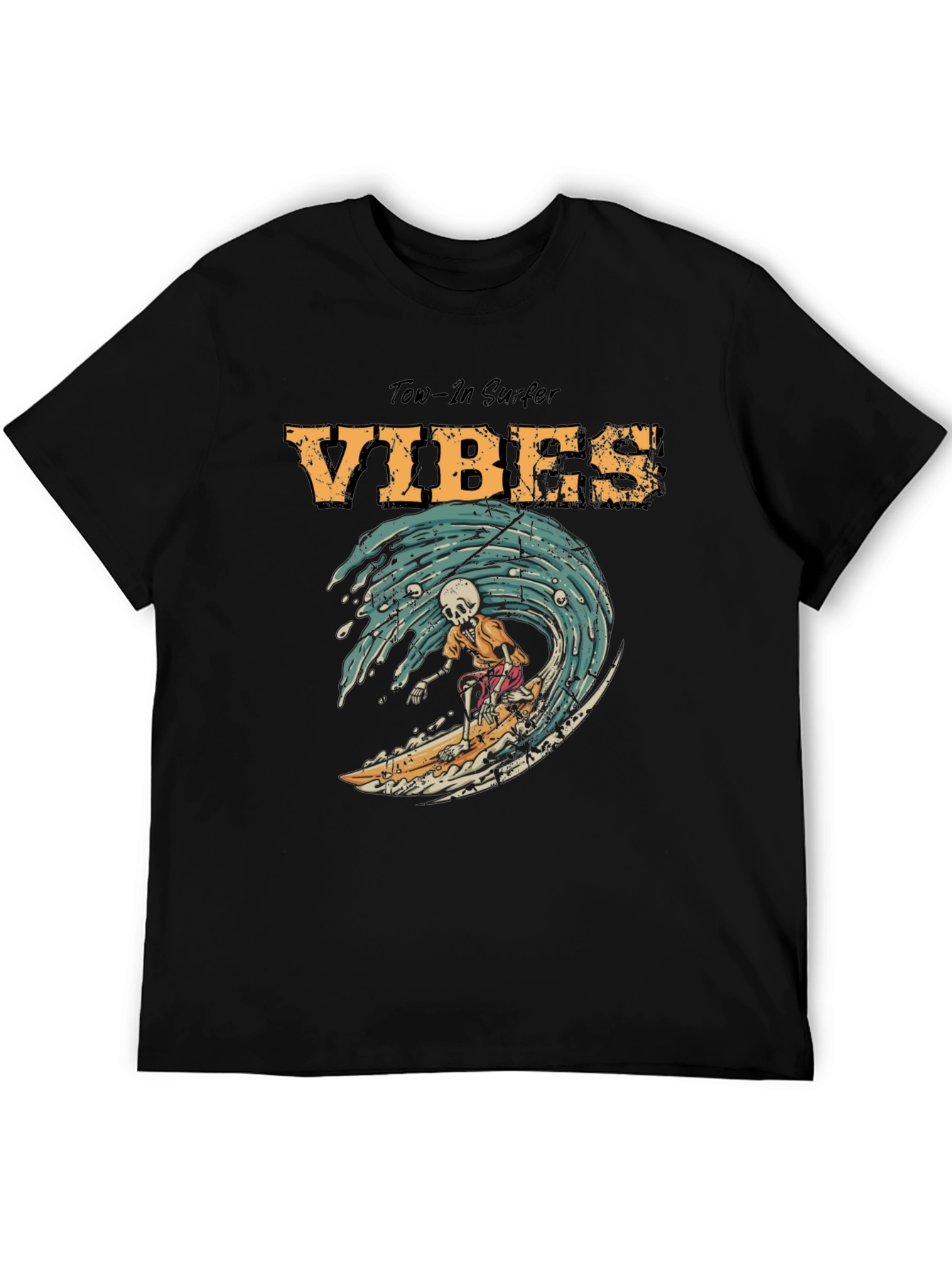 Tow-In Surfer Vibes Graphic Tee - Skeleton Surfing Wave