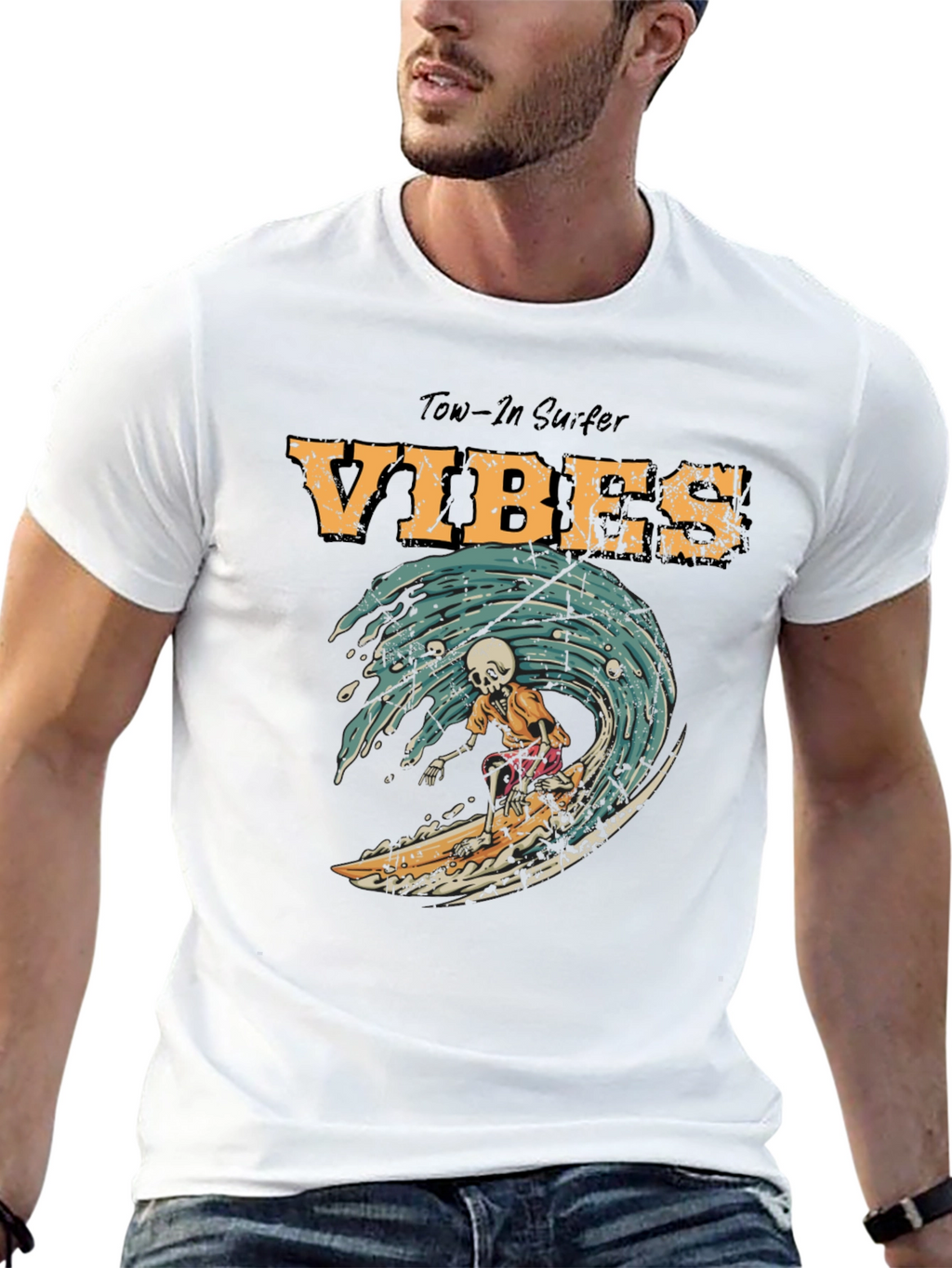 Tow-In Surfer Vibes Graphic Tee - Skeleton Surfing Wave