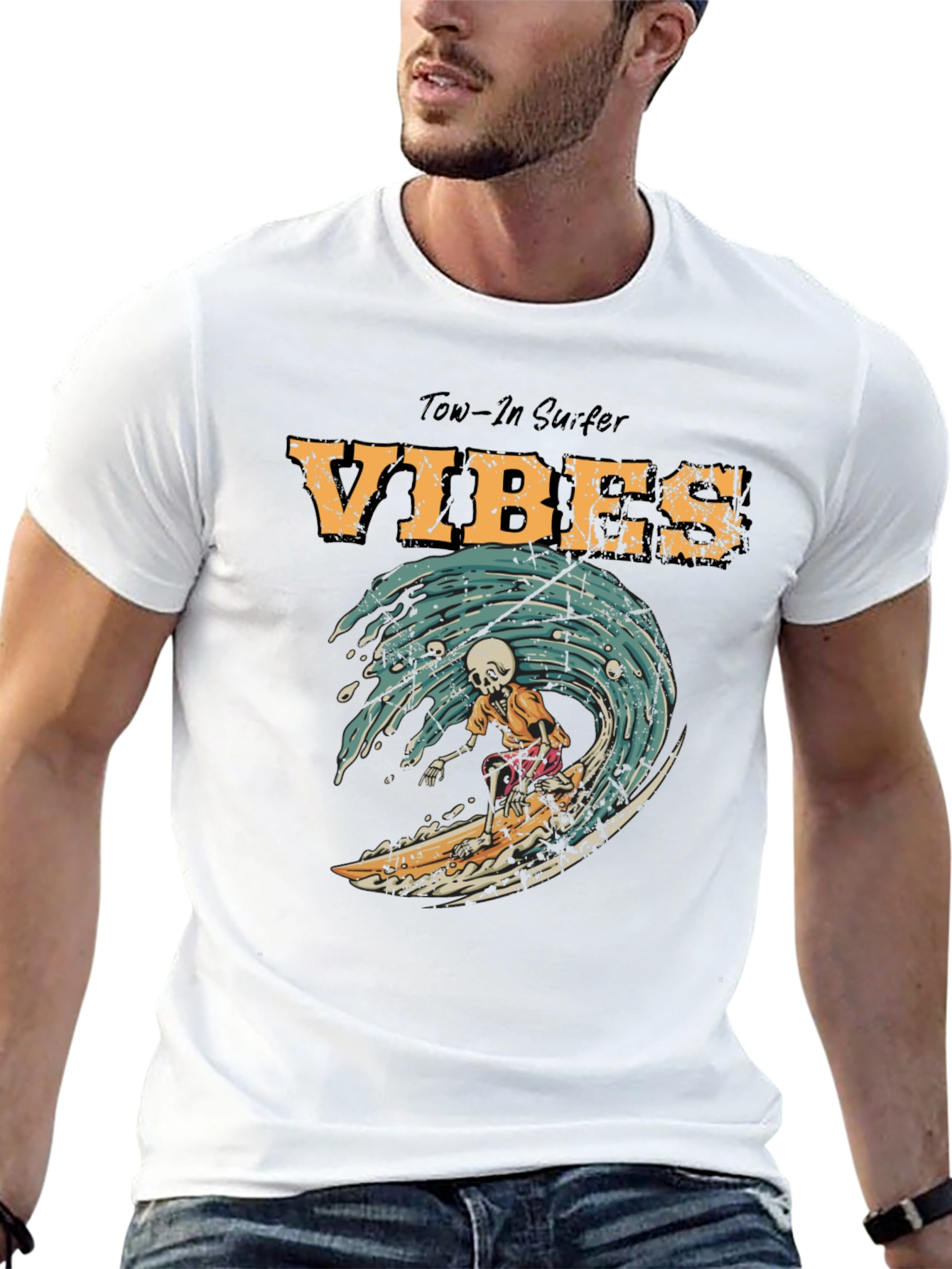 Tow-In Surfer Vibes Graphic Tee - Skeleton Surfing Wave